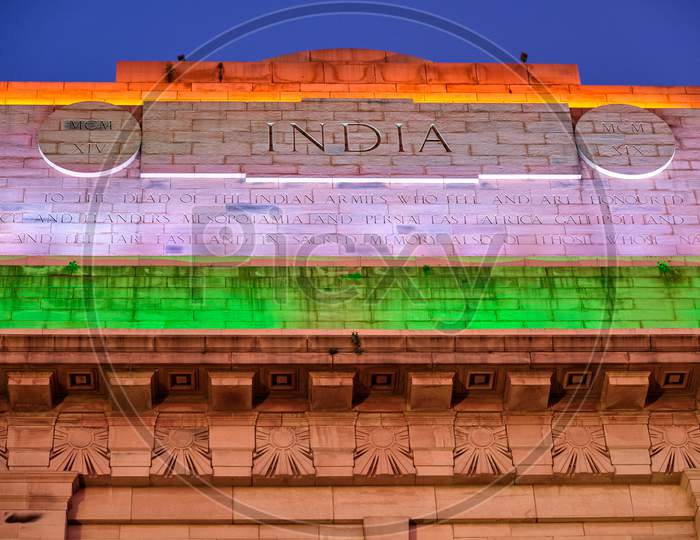 India Gate War Memorial In New Delhi, India, Illuminated In Colors Of Indian National Flag