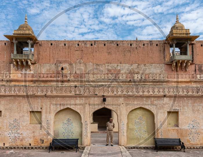 Indian Soldier Stands Guard At Palace Of Raja Man Singh In The Amer Fort In Jaipur, Rajasthan, India