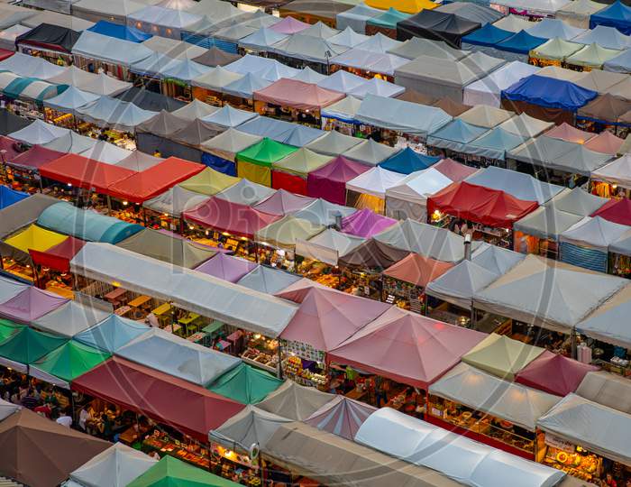 Multiple colour rooftop of city weekend market