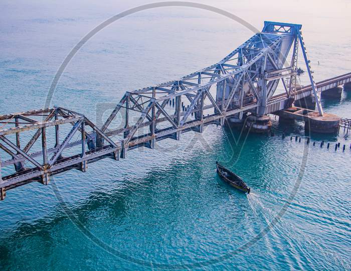 View of Pamban bridge in Rameshwaram. First indian bridge, which connects Pamban island and mainland India.