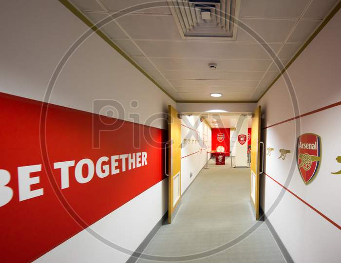 Interior of Emirates Football Stadium in Holloway, London, England
