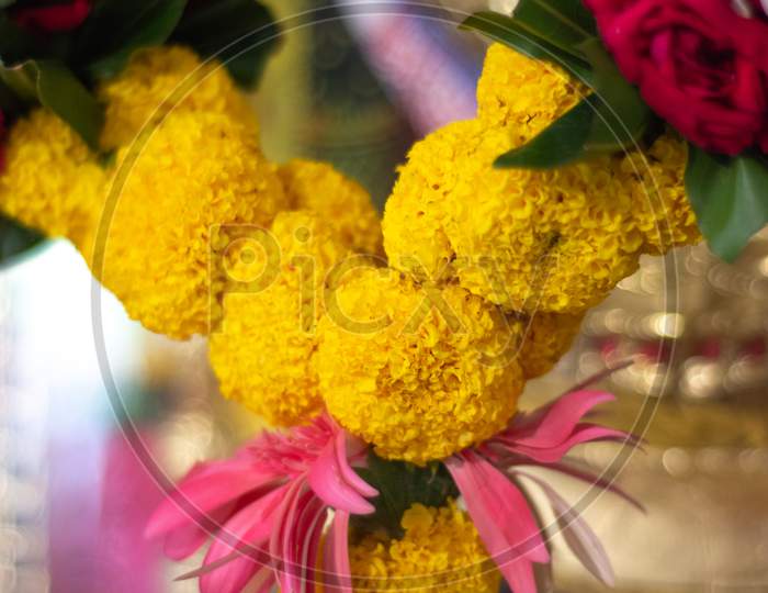 Flower Garland, Decorative Wreath Of Flowers, At Hindu Temple In New Delhi, India