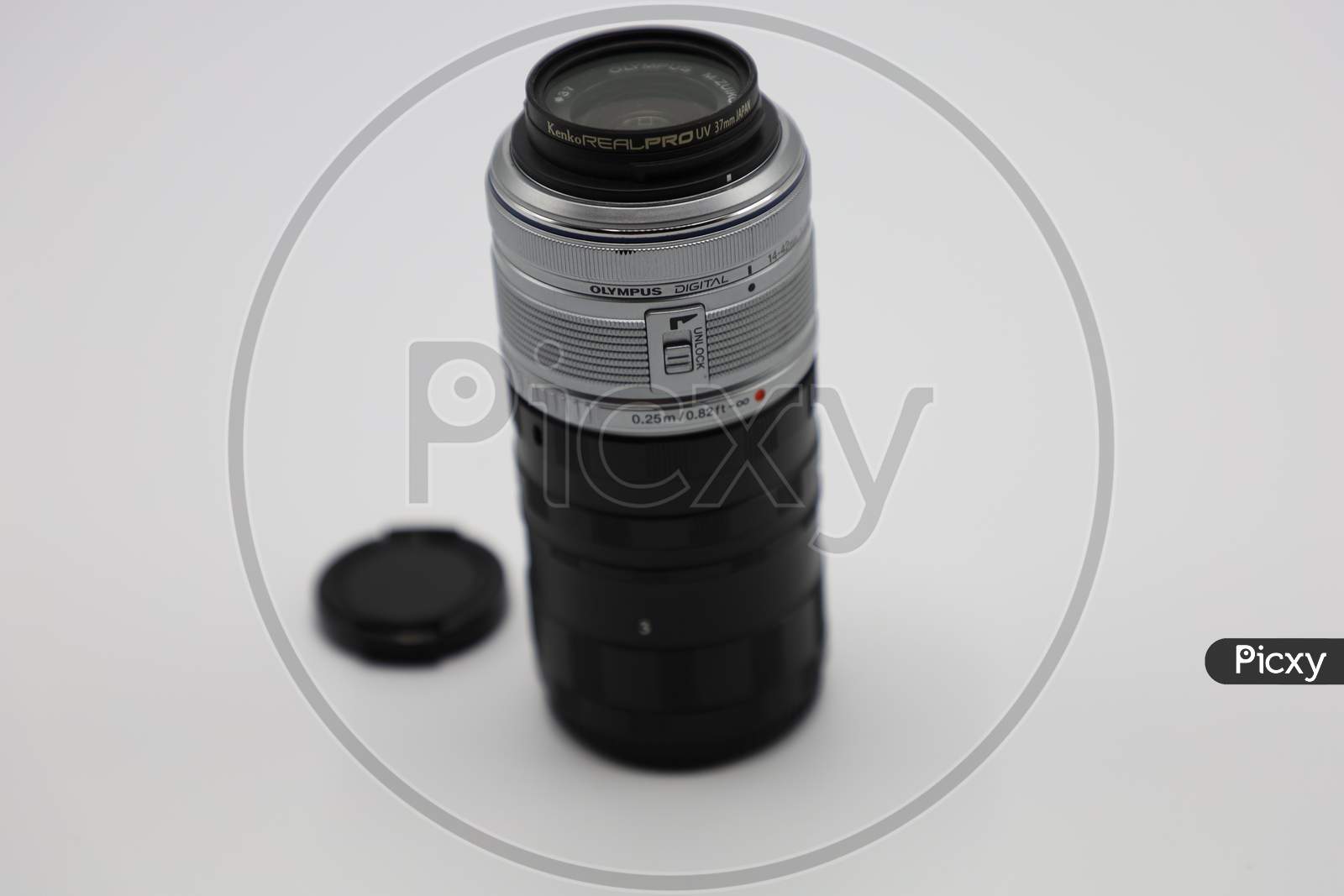 olympus camera Lens on White Background