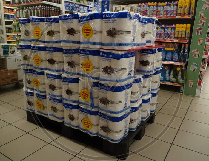 Bathroom Toilet Paper Tissue Packages Stacked Up. Various Types Of Branded Tissue Paper Packed Display For Sell In Supermarket. Packs Of Toilet Roll Tissue In Shop Store. -  India