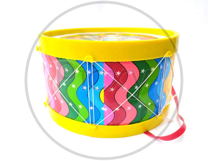 colorful children playing plastic drum isolated on white background