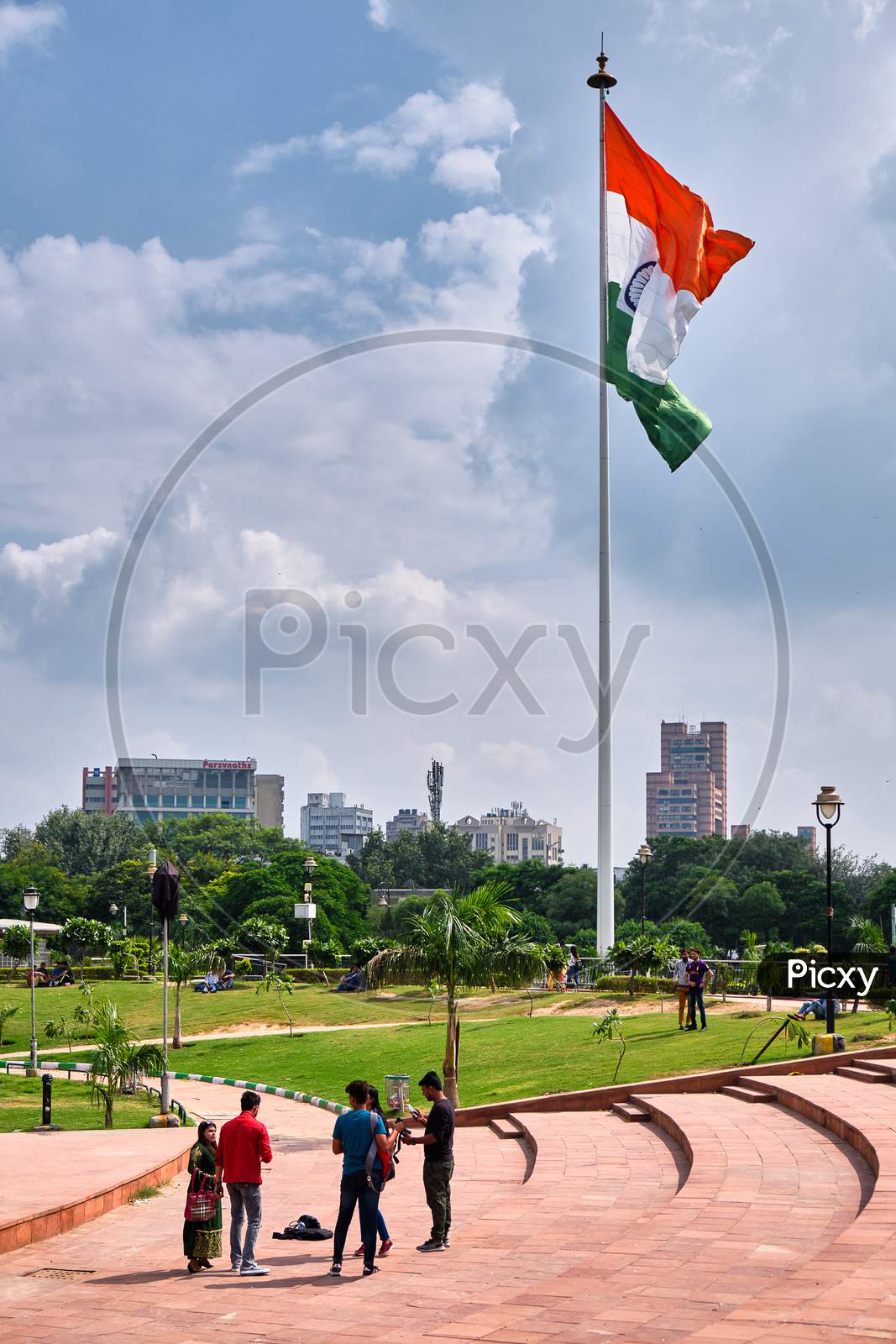 Central Park At Connaught Place In New Delhi With Huge Flag Of India