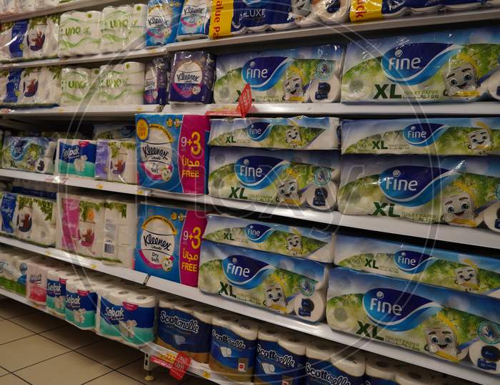 Bathroom Toilet Paper Tissue Packages Stacked Up. Various Types Of Branded Tissue Paper Packed Display For Sell In Supermarket. Packs Of Toilet Roll Tissue In Shop Store. -  India