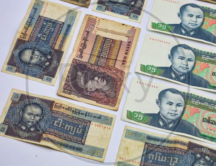 Myanmar Kyats Banknote, Myanmar Kyat Currency Notes placed in sequence on White Background