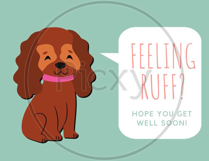 Cute little happy brown dog with get well soon message