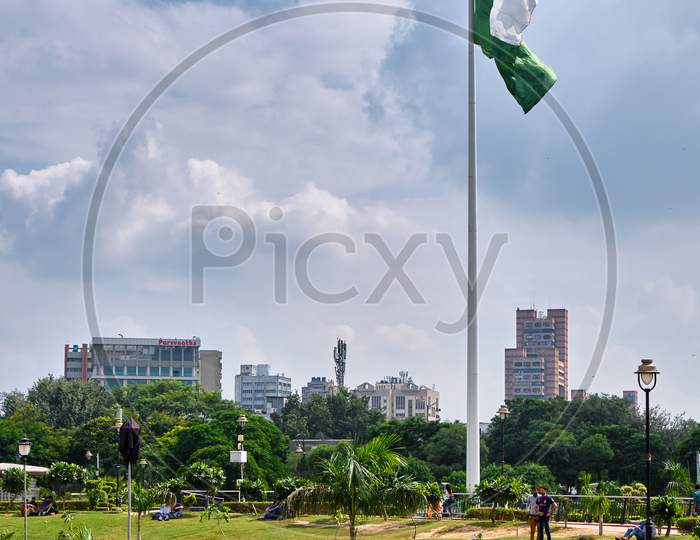 Central Park At Connaught Place In New Delhi With Huge Flag Of India