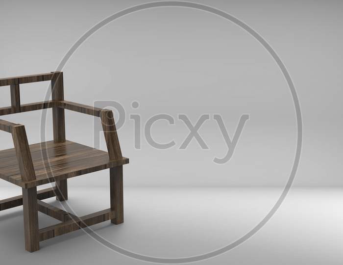 3D Rendering Mahogany Patterned Wooden Chair On A White Backdrop Mockup.