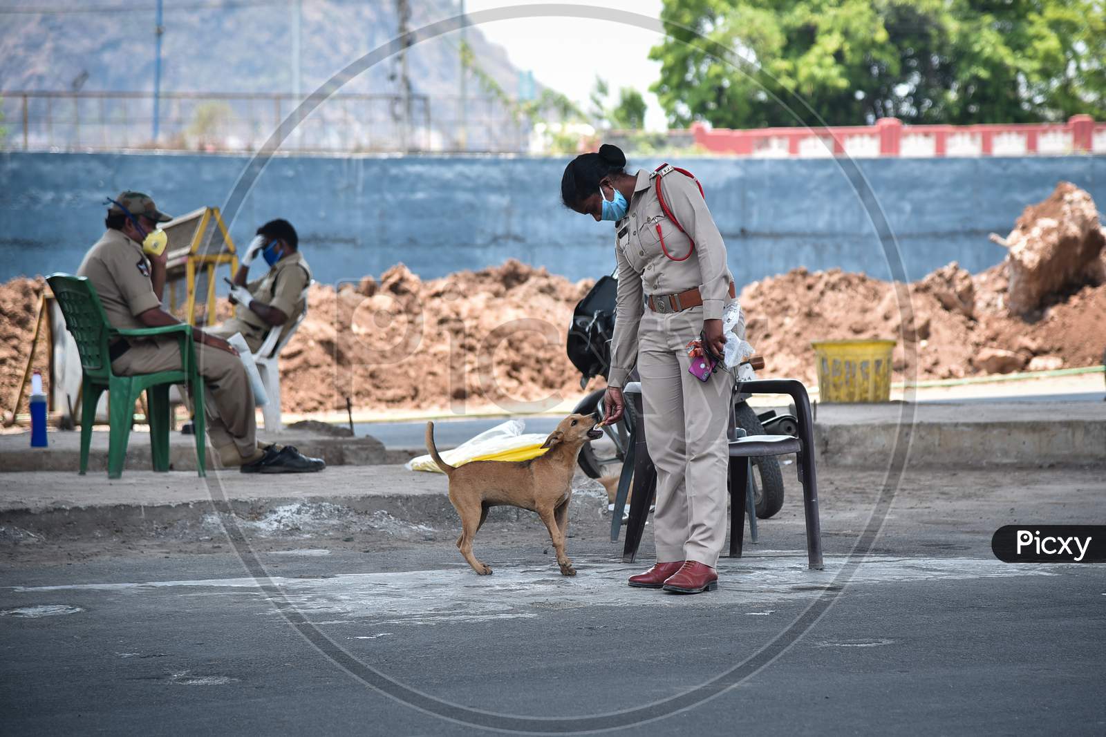 A Policewoman Feeds A Stray Dog During The Nationwide Lockdown Imposed In The Wake Of Coronavirus Pandemic, In Vijayawada.