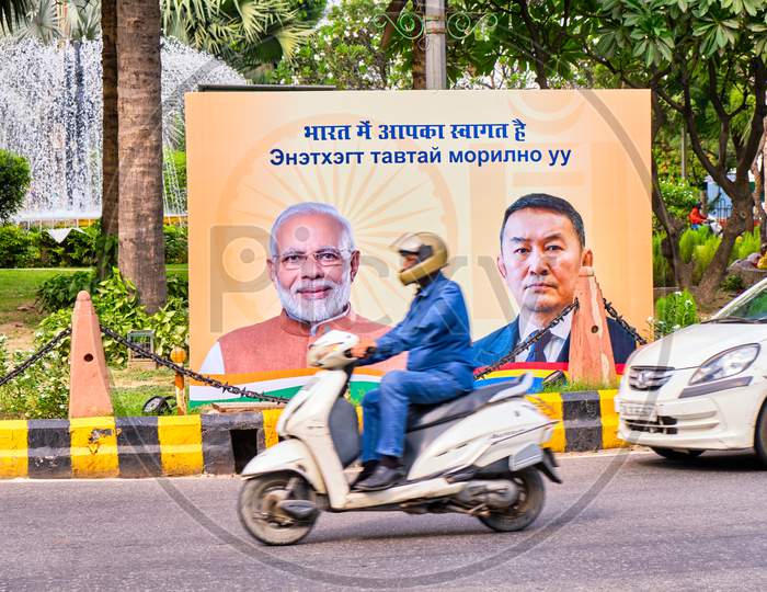 Street Billboard Announcing The Visit Of President Of Mongolia Khaltmaagiin Battulga To India, New Delhi On September 20, 2019. India-Mongolia Relations