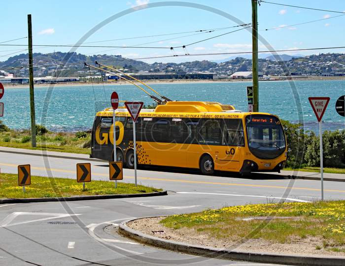 A Yellow Electric Bus Waits At The Terminus By The Side Of Lyall Bay, Wellington, New Zealand