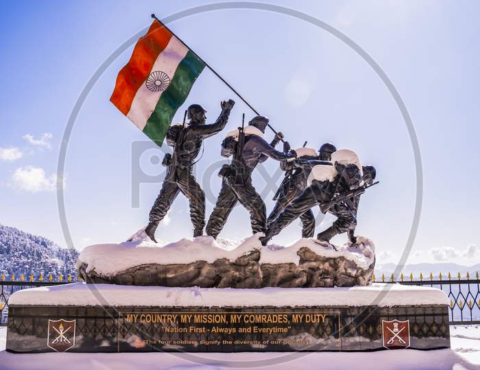 Silhouette Of Indian Army Statue And India Flag Monument During Twilight In Shimla, Himachal Pradesh, India...