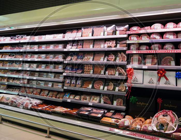 Meat, Supermarket, Butcher. Packets Of Meat At The Supermarket. Meat Aisle In Supermarket. Packaged Meats In Supermarket Refrigerated Section. Bacon, Turkey, Chicken, Steak- India