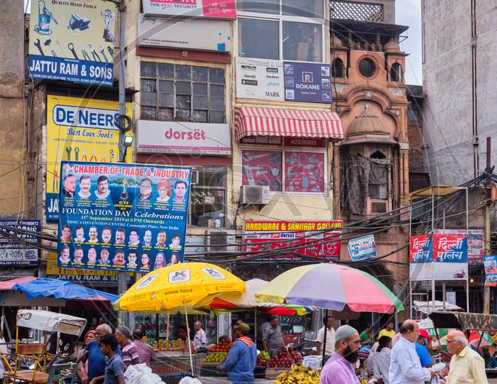 Chandni Chowk, Busy Shopping Area In Old Delhi With Bazaars And Colorful Narrow Streets