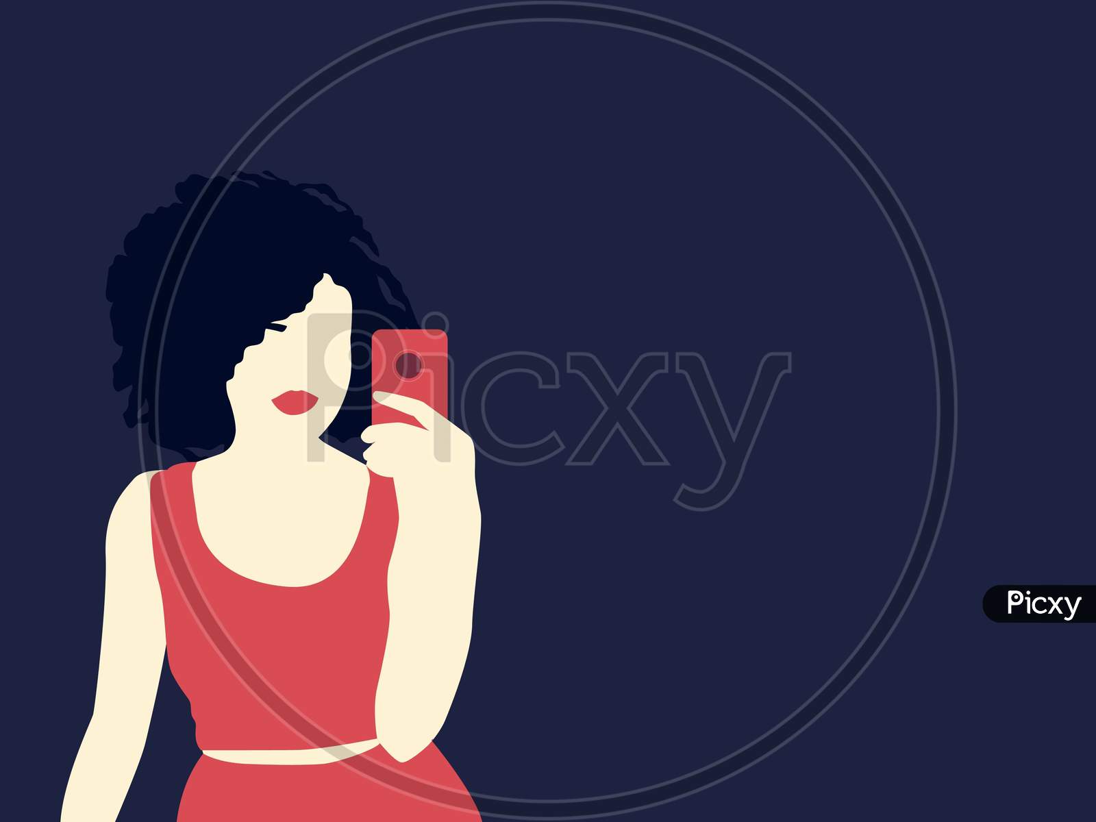 Hot Lady with red dress and phone in dark blue background