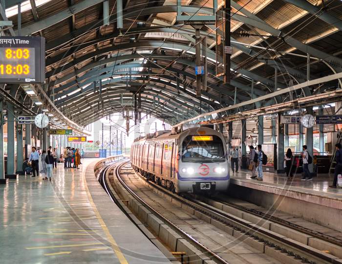Train Arrives At Metro Station Of Delhi Metro System