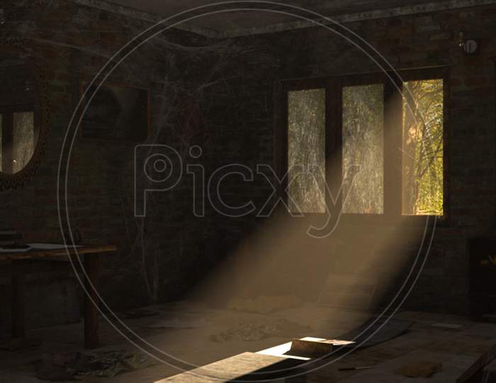 An old architecture store room with beautiful sun rays with dark atmosphere. Background