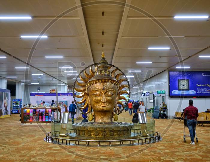 Statue Of Buddha Head At Terminal 3 Departures Hall Of Indira Gandhi International Airport
