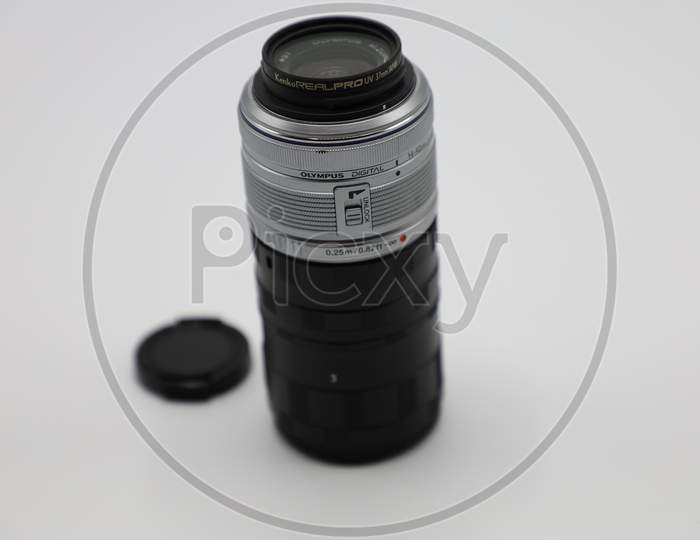 olympus camera Lens on White Background