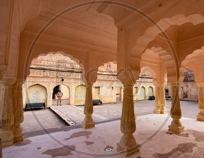 Indian Soldier Stands Guard At Palace Of Raja Man Singh In The Amer Fort In Jaipur, Rajasthan, India