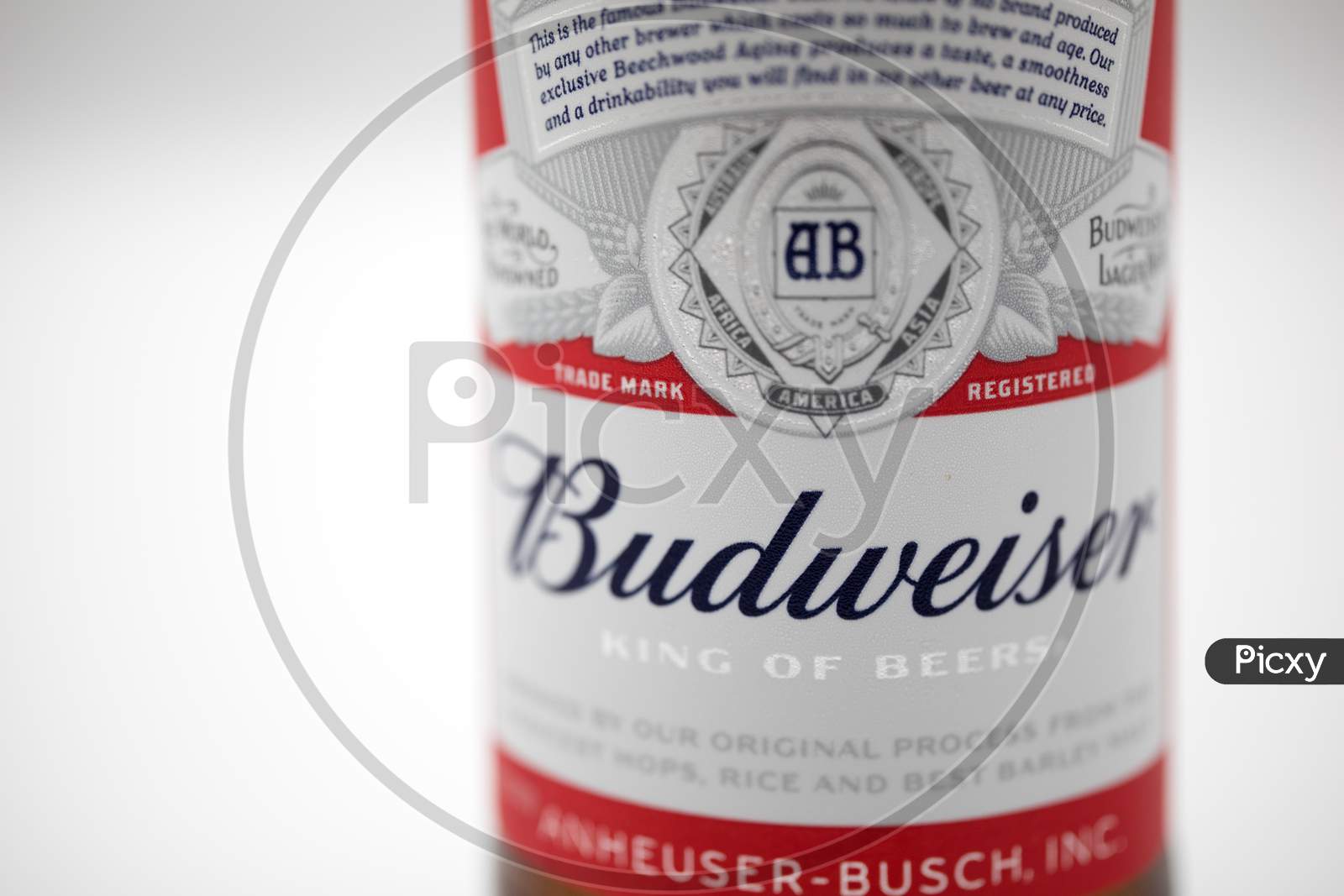 Budweiser logo on a beer bottle on white background