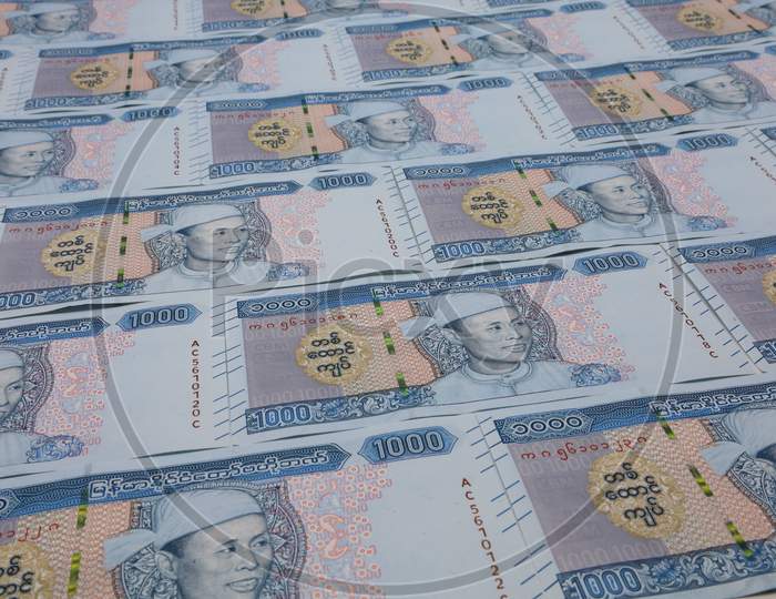Myanmar Kyat Currency Notes placed in Sequence