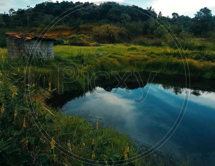 Nature is beautiful scene of lake and hut