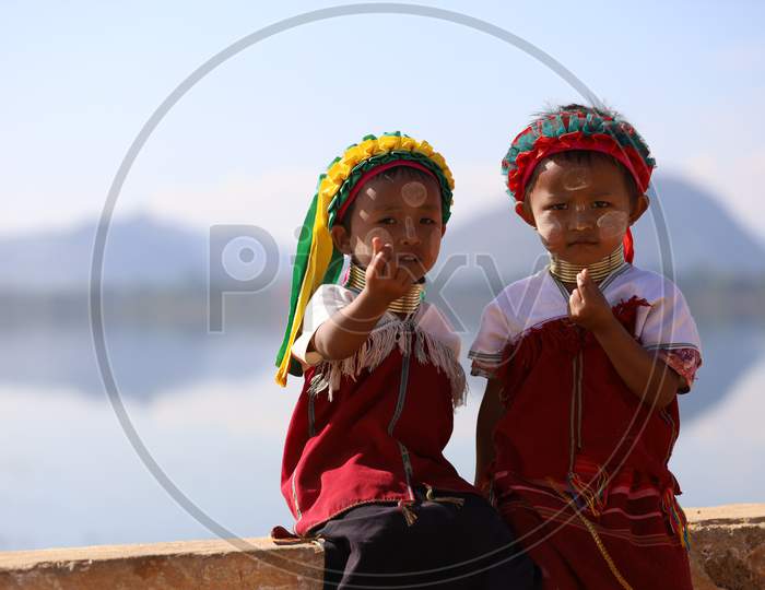 Portrait of Myanmar Kids with Neck Rings