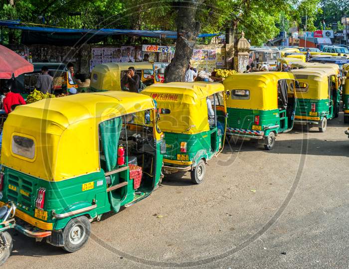 New Delhi / India - September 2019: Tuk Tuks In The Streets Of New Delhi, India