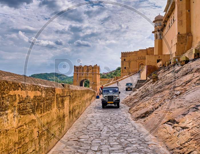 Mahindra Jeeps Transporting Tourists To The Royal Palace At The Amer Fort In Jaipur, India