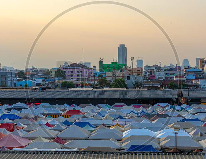 Multiple colour rooftop of city weekend market skyline