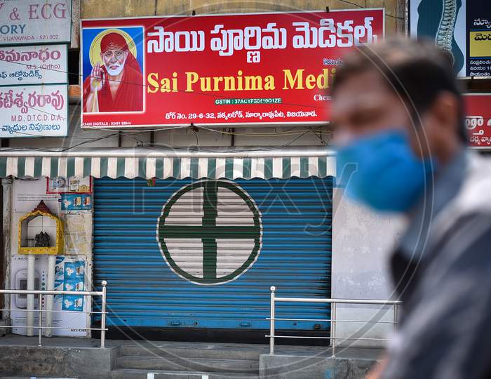 A Closed Medical Store Is Seen During The Nationwide Lockdown Imposed In The Wake Of Coronavirus Pandemic, In Vijayawada.