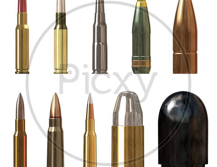 Colorful different type of bullets isolated over a white background, front view.
