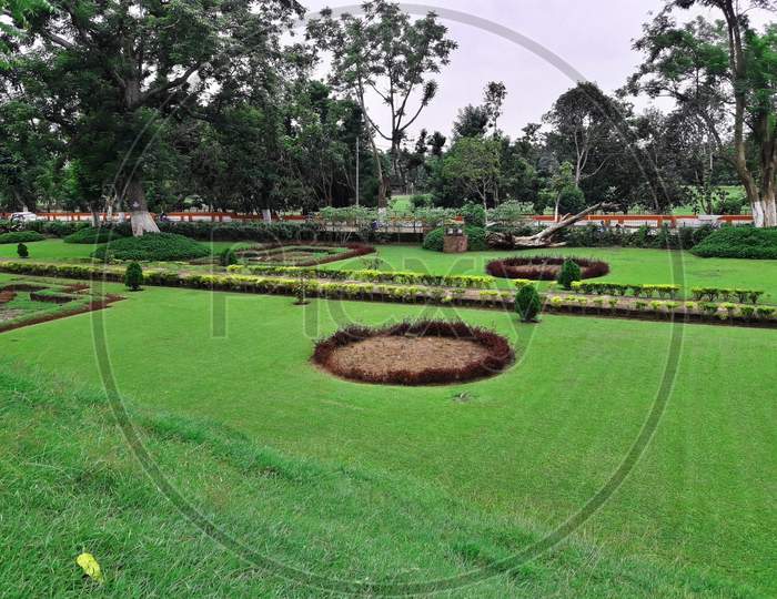 Grass Garden Place In Town During Early Morning Time.
