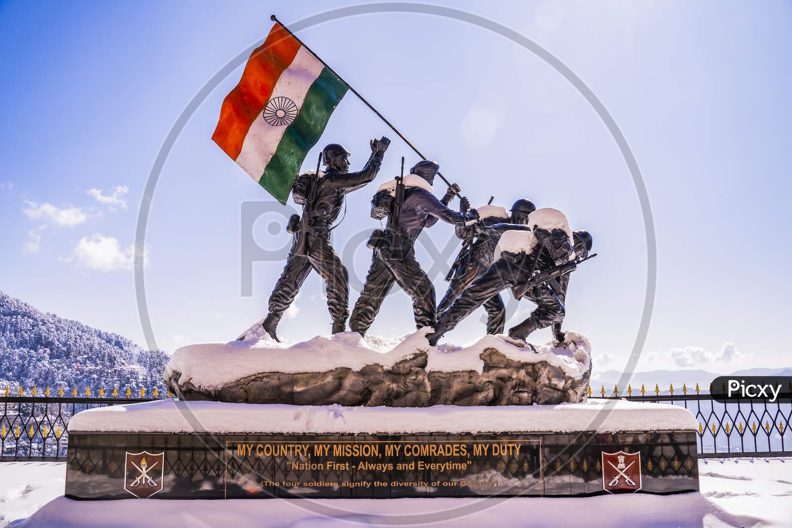 Silhouette Of Indian Army Statue And India Flag Monument During Twilight In Shimla, Himachal Pradesh, India...