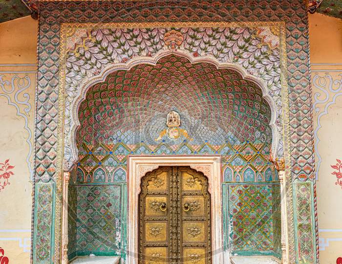 Rose Gate At The Pritam Niwas Chowk Of The Jaipur City Palace In Jaipur, Rajasthan, India