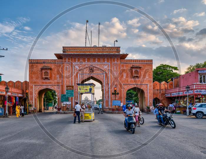 Jaipur, Rajasthan / India - September 28, 2019: Man Gate, Popularly Called New Gate, One Of The Original Seven Gates Of The Walled City Of Jaipur Pink City In Rajasthan, India