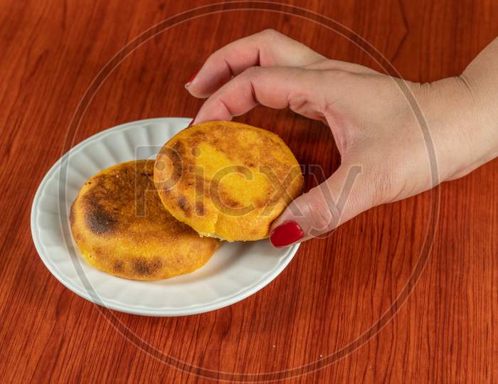 A Fresh Hot Arepa Popular In Colombia And Venezuela Made Of Two Corn Cakes That Are Fried Until Cheese Between Them Melts, Food