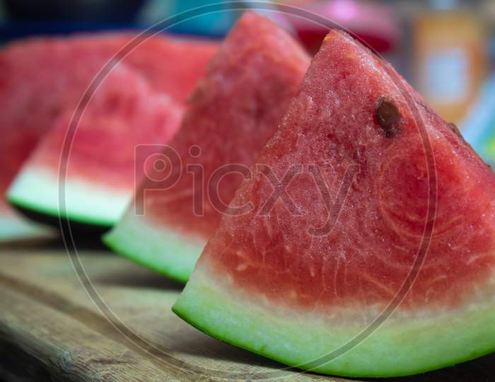 View Of Watermelon Fruit Sliced Into Pieces. Use For Healthy Snack Concept.