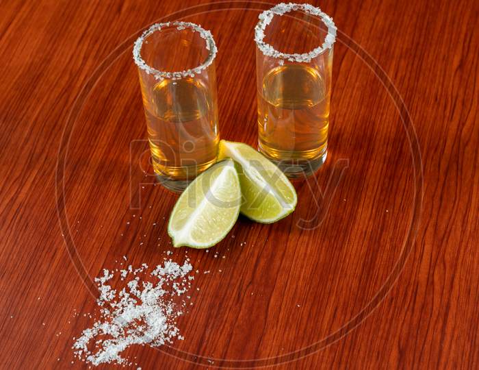 Golden Tequila With Lemon And Salt. Drinks, Liquor