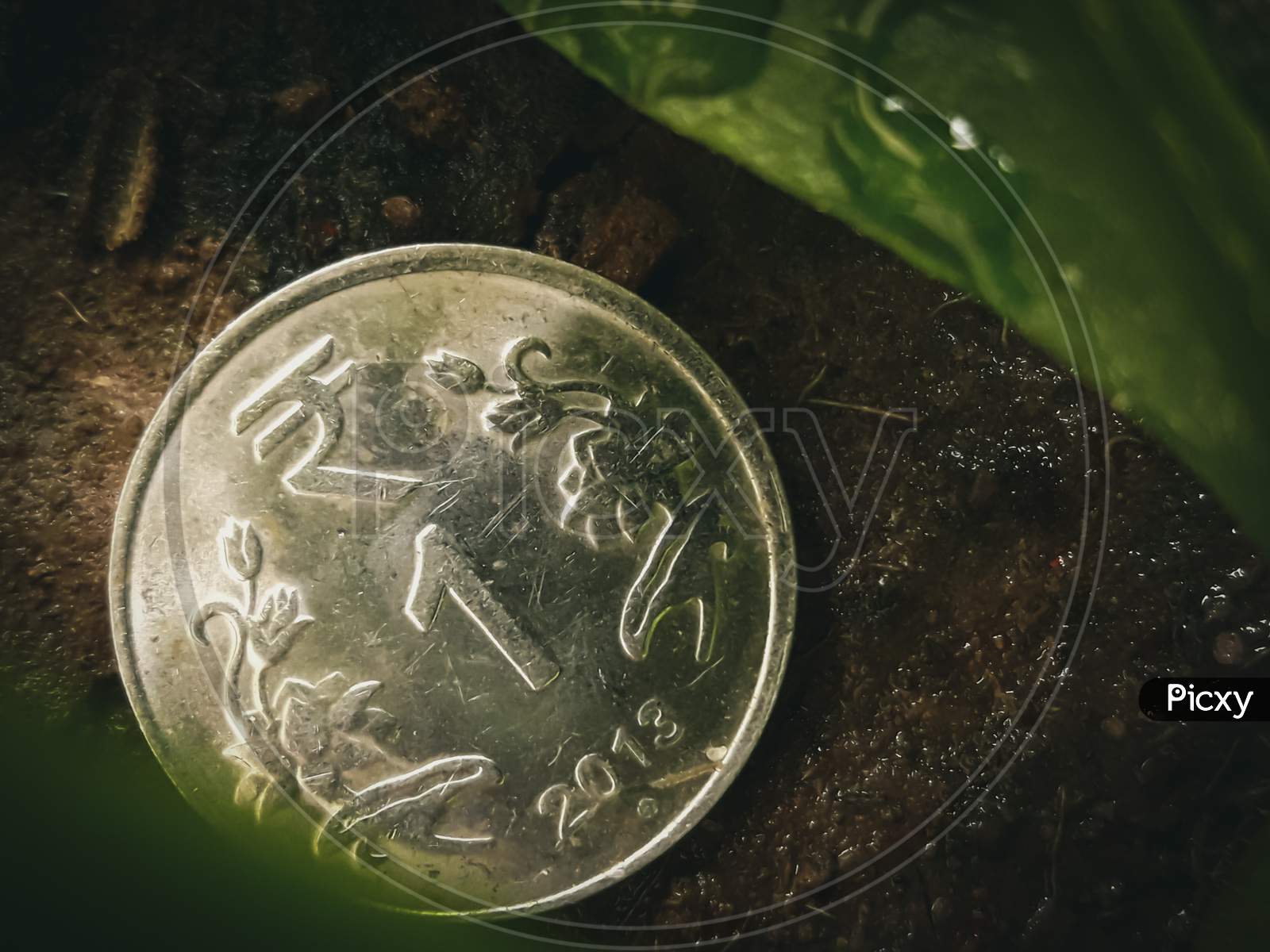 1 Rupee Coin On The Ground With A Raindrop On The Leaves