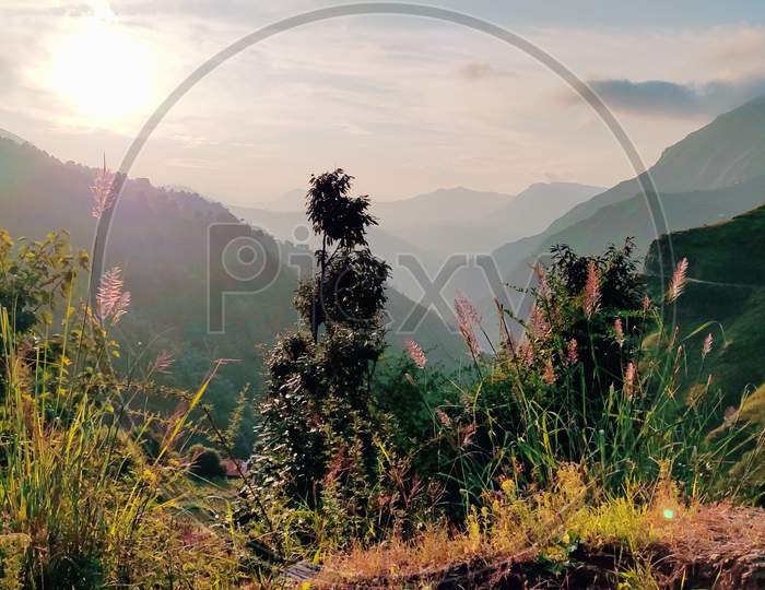 Scenic view of mountain before sunset from himachal pradesh. 