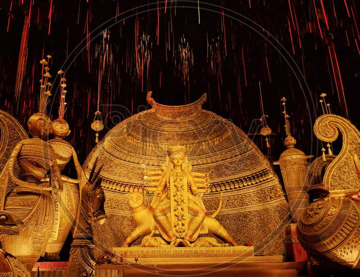Art of pandals in Kolkata Durga puja, The biggest festival in India, Light work of kolkata durga puja, Vibrant light decoration & creative art work in Durga festival