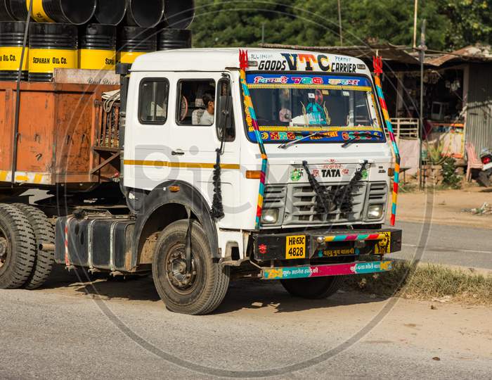 Colorfully Decorated Indian Truck On A Delhi–Jaipur Expressway Nh48 Near Jaipur, India