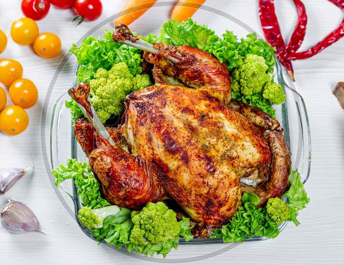 Whole Baked Chicken With Vegetables And Spices.Top View