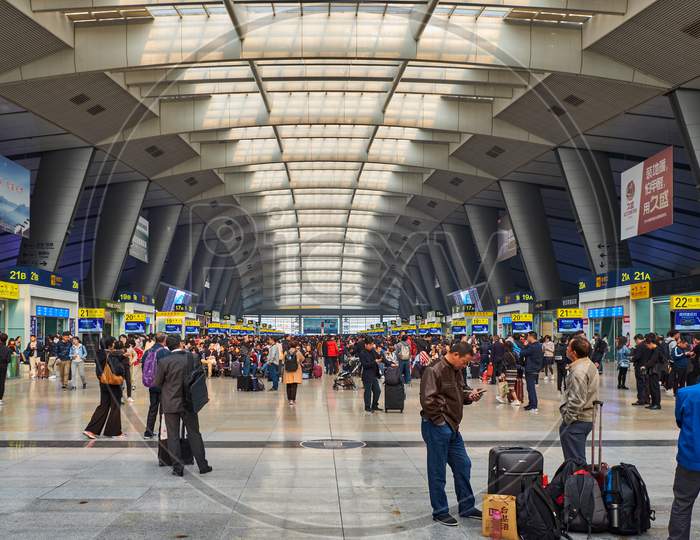 Passengers At The Busy Terminal Of Beijing South Railway Station, Serving High Speed Bullet Trains, Fengtai District, Southwest Beijing, China