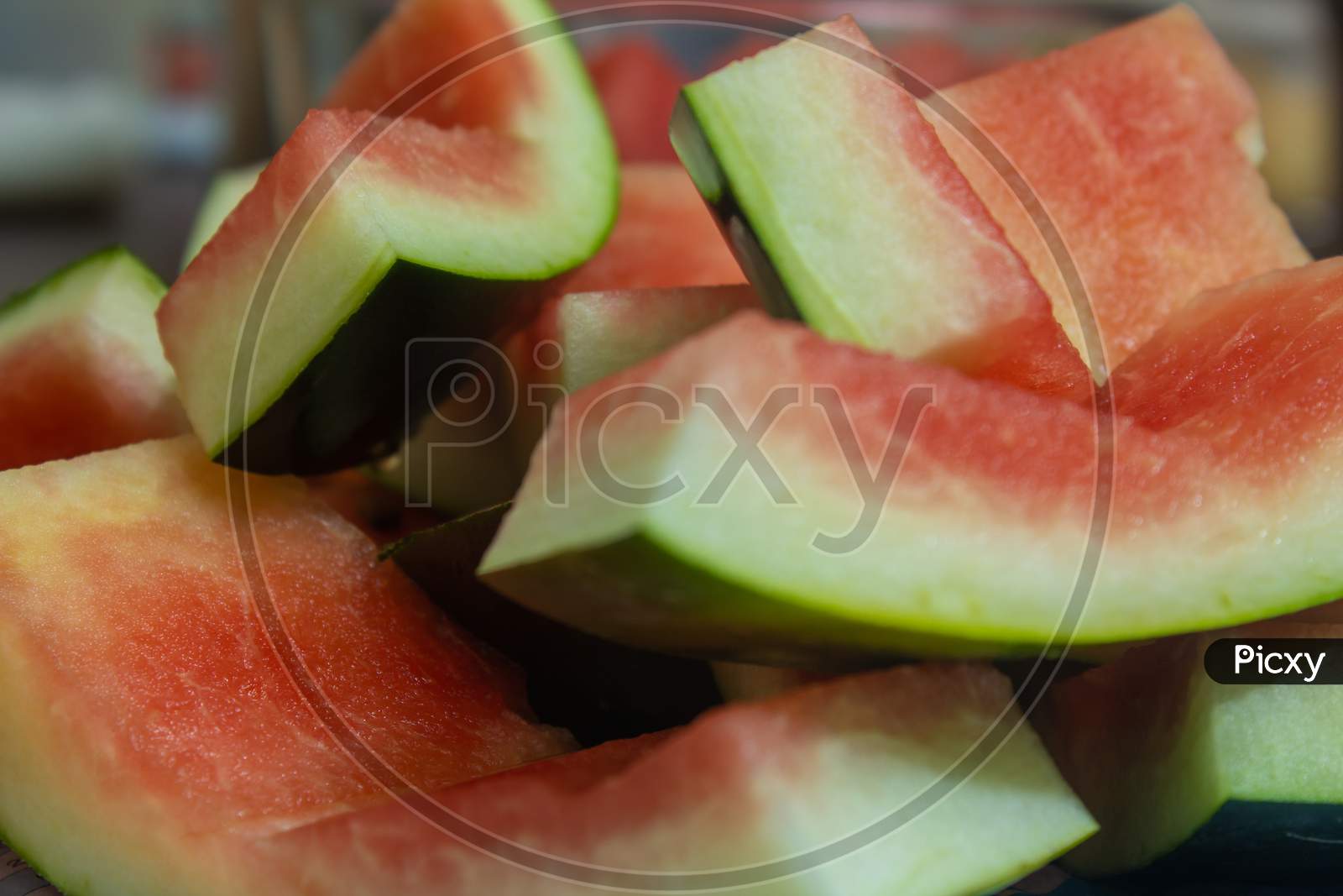 View Of The Cut Watermelon Fruit Thick Skin. Use For Healthy Snack Concept.